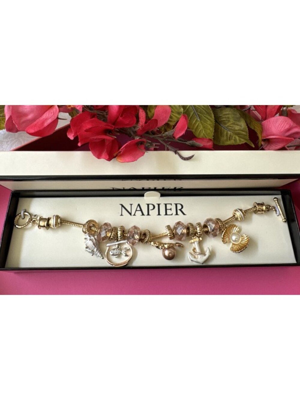 Napier Nautical Ocean Theme Goldtone Pearl Beaded Shells Fish Charm Bracelet NEW